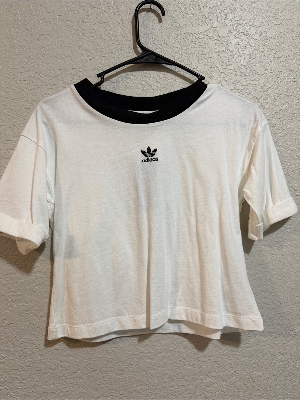 adidas White Cropped Tee with Black Collar